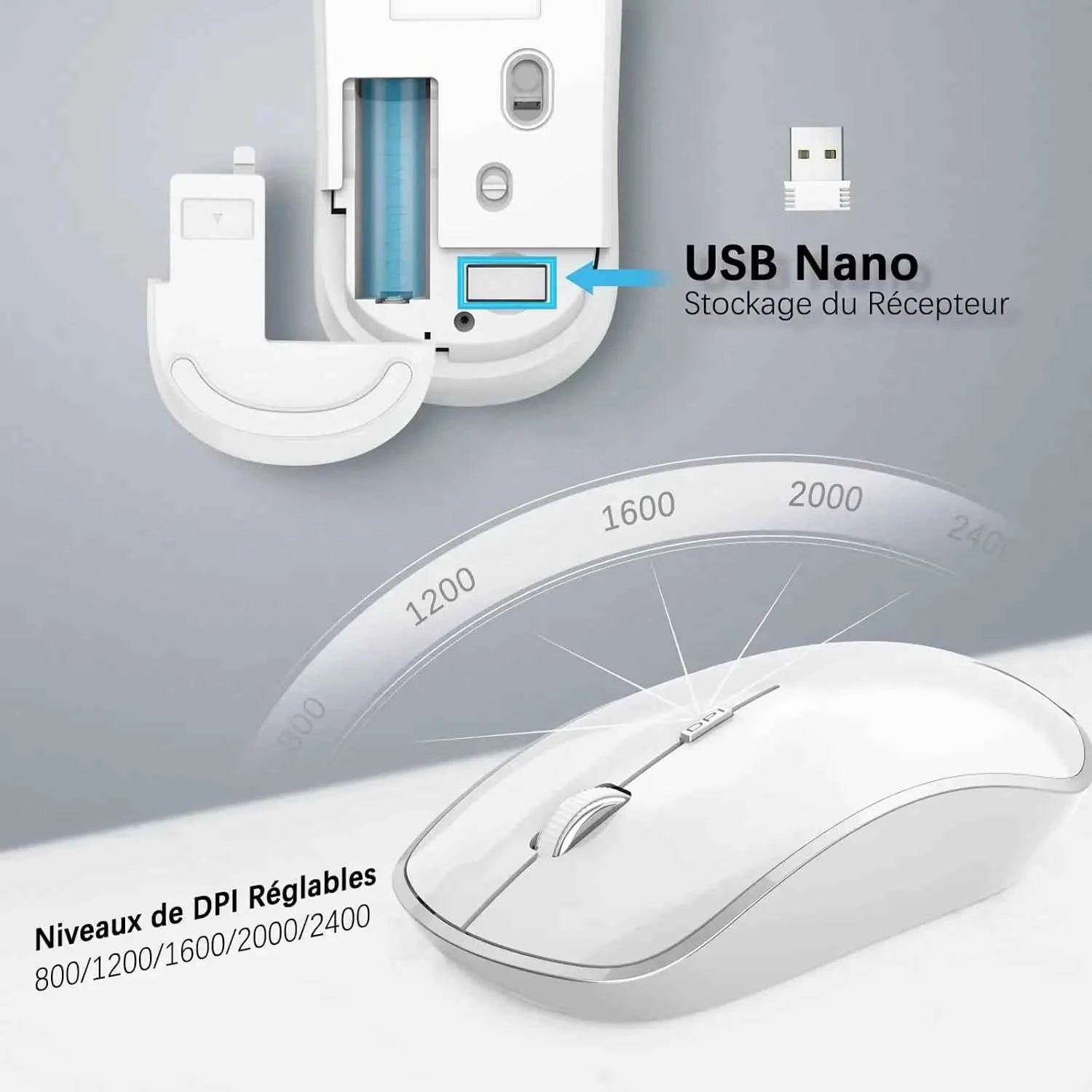 Ergonomic wireless keyboard and mouse, AZERTY, France, quiet and portable, including USB-A and USB-C ports, suitable for Mac/PC/