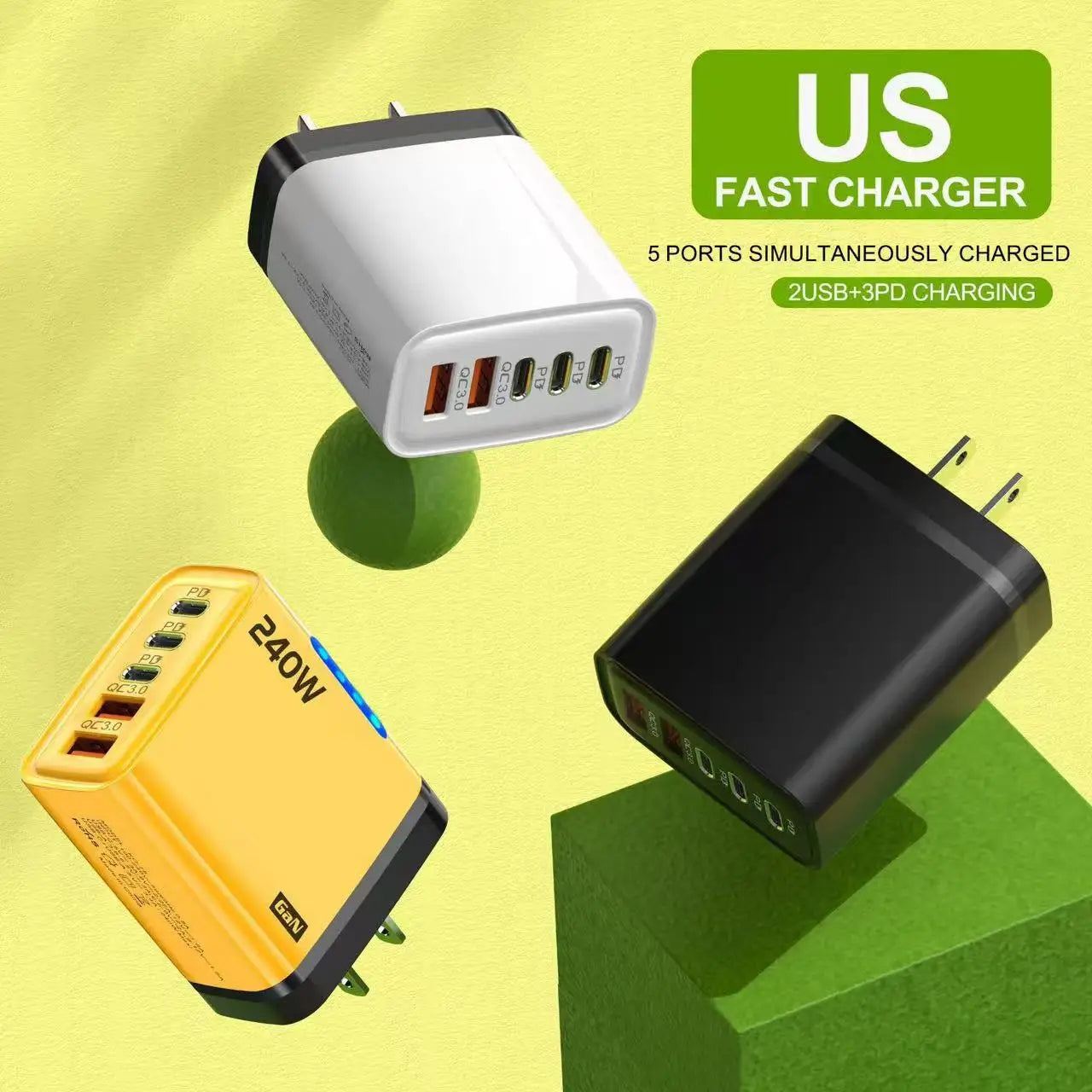 240W GaN Charger 5-in-1 3USB-C PD and 2USB-A QC3.0 Fast Charging for iPhone 16 17 Samsung S25 S24 Xiaomi 15 16 17 Huawei Mate