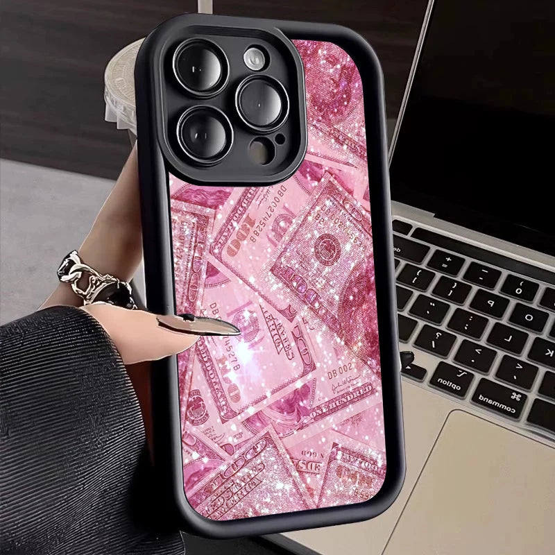 Pink Dollars Full-Coverage Banknote Design Silicone Phone Case For iPhone 17AIR 16 15 14 13 12 11PROMAX Cover