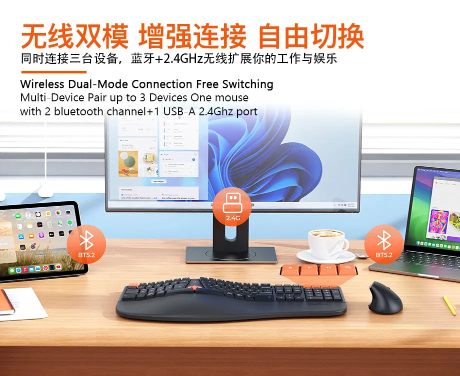 Premium Ergonomic Dual Mode Keyboard Mouse Combo | 2.4G+Bluetooth Rechargeable | Wrist Rest & Multimedia Keys | 3 Colors