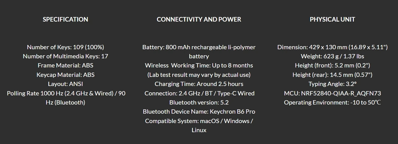 Keychron B6 Pro ZMK Ultra-Slim Wireless Keyboard Full Size Portable Lightweight 2.4GHz & Bluetooth Connections