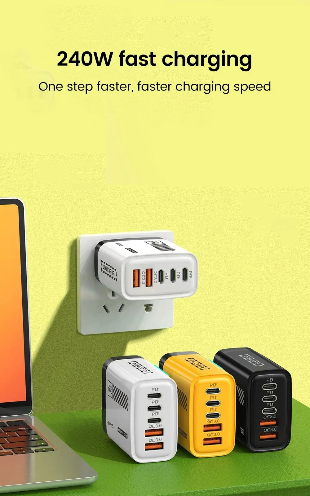 Desktop GaN Charger 240W 5-in-1 Fast Charging Charger 3PD 2USB for iPhone Samsung Xiaomi Tablet EU/US/UK Plug Wall Adapter