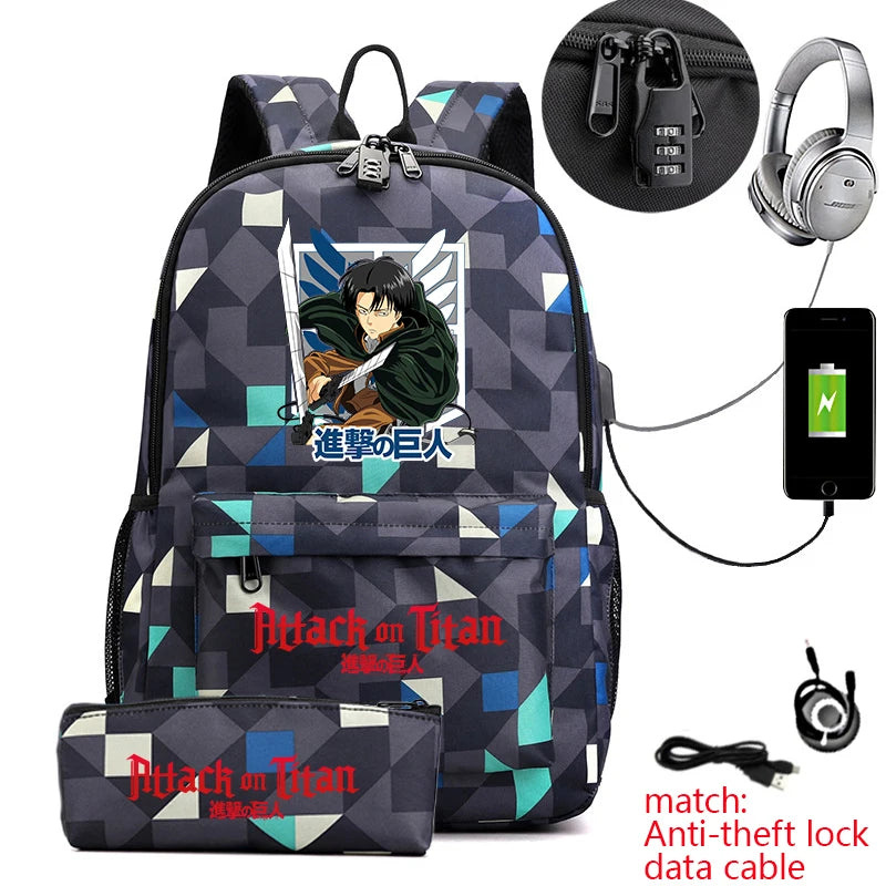Attack on Titan Anime Print School Backpack Anti-Theft Laptop Bag for Boys Girls with Pencil Case