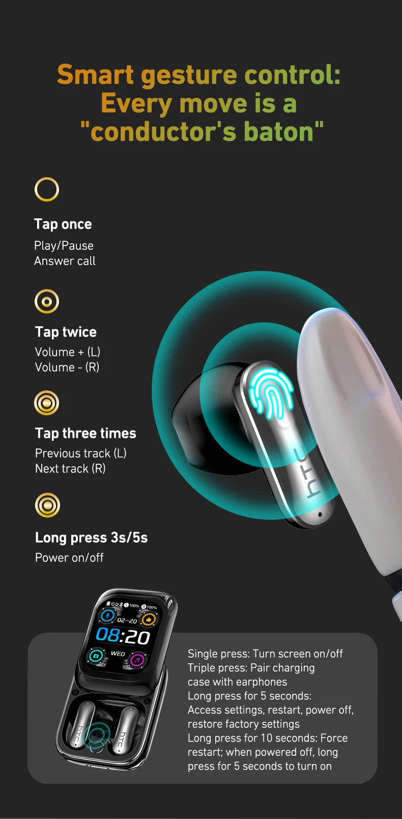 HTC NE48 Slider Headphones Wireless with a Colorful HD Display Touch Control In-Ear Bluetooth Earphones AI Translation Earbuds