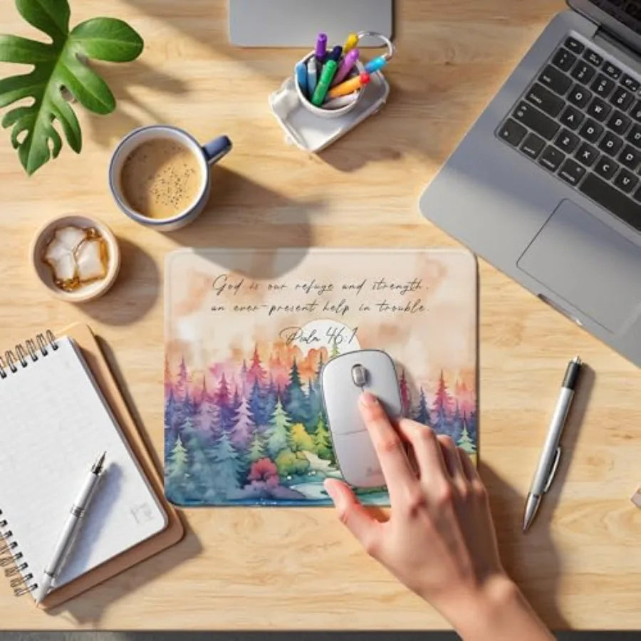 Watercolor Forest Christian Mouse Pad, Psalm 46:1Bible Verse Mouse Pads Mousepad for Desk Home Office Dorm Computers Laptop, Re