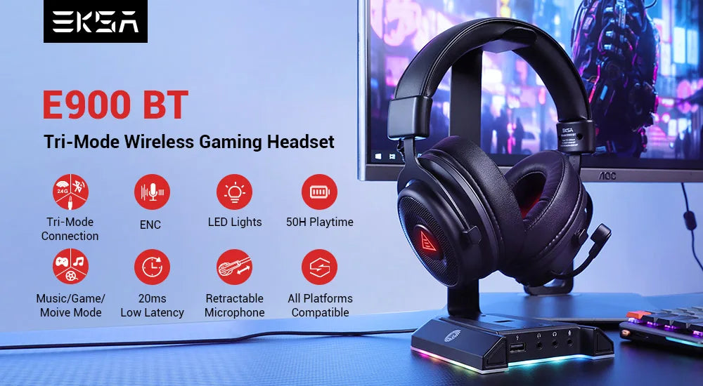 EKSA E900 BT 2.4GHz Wireless Bluetooth Headphones 7.1 USB/Type C Wired Gaming Headset Gamer with ENC Mic For PC/PS4/PS5/Xbox,50H