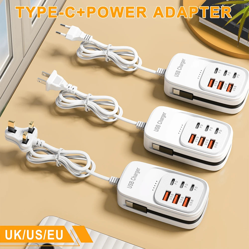 Fast USB Charger 6 in 1 Power Strip Desktop Charging Station Fast Charging Cord EU/UK/US Plug USB HUB Adapter Socket 3PD 3USB iphone charger