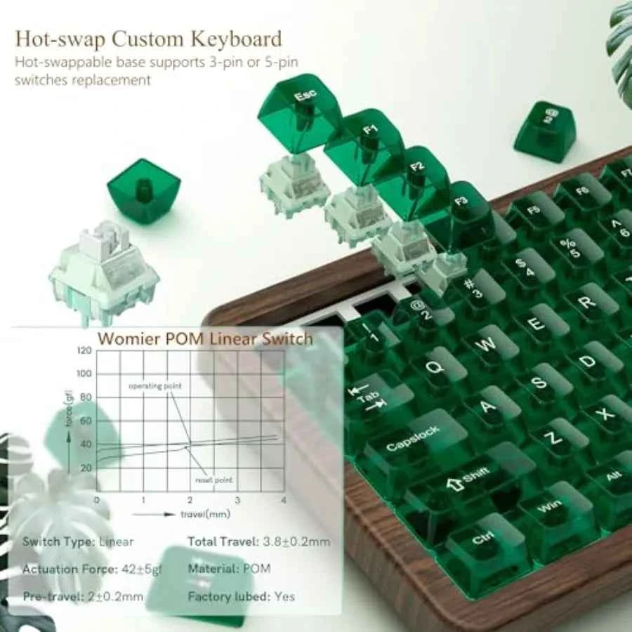 Wireless mechanical keyboard for gaming and office use wood frame natural brown 8000mAh battery life with tri-mode connectivity