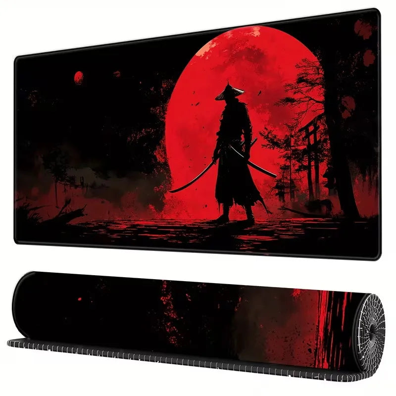 Japanese Samurai Art Mouse Pad, Traditional Calligraphy Pattern Non Slip Desk Mat Game Lovers Office Home Keyboard Desktop Decor