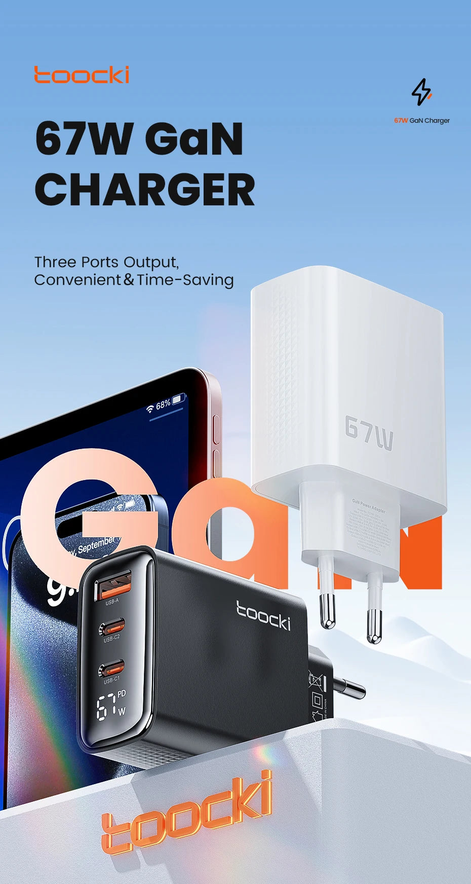 Toocki 67W GaN USB Type C Charger Digital Display 65W 45W PPS PD QC4.0 Quick Charge For Macbook Laptop IPAD Tablet iPhone 15 14
