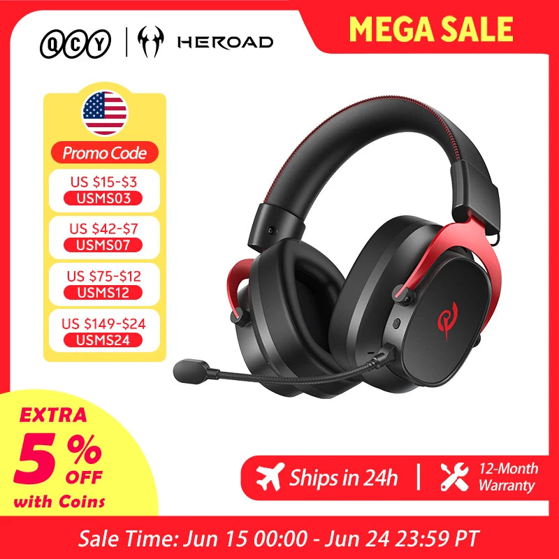 QCY Heroad VT200 Wireless Gaming Headset Detach Mic Over ear Headphone Tri-Mode 7.1 Surround Sound for PC/PS4/PS5 Headset Gamer