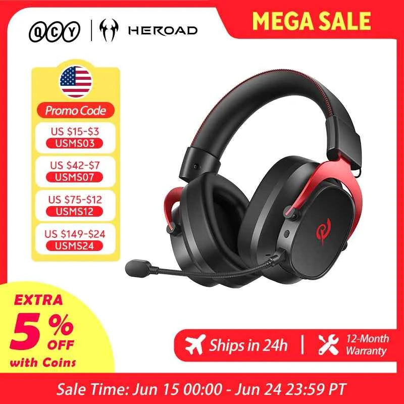 QCY Heroad VT200 Wireless Gaming Headset Detach Mic Over ear Headphone Tri-Mode 7.1 Surround Sound for PC/PS4/PS5 Headset Gamer