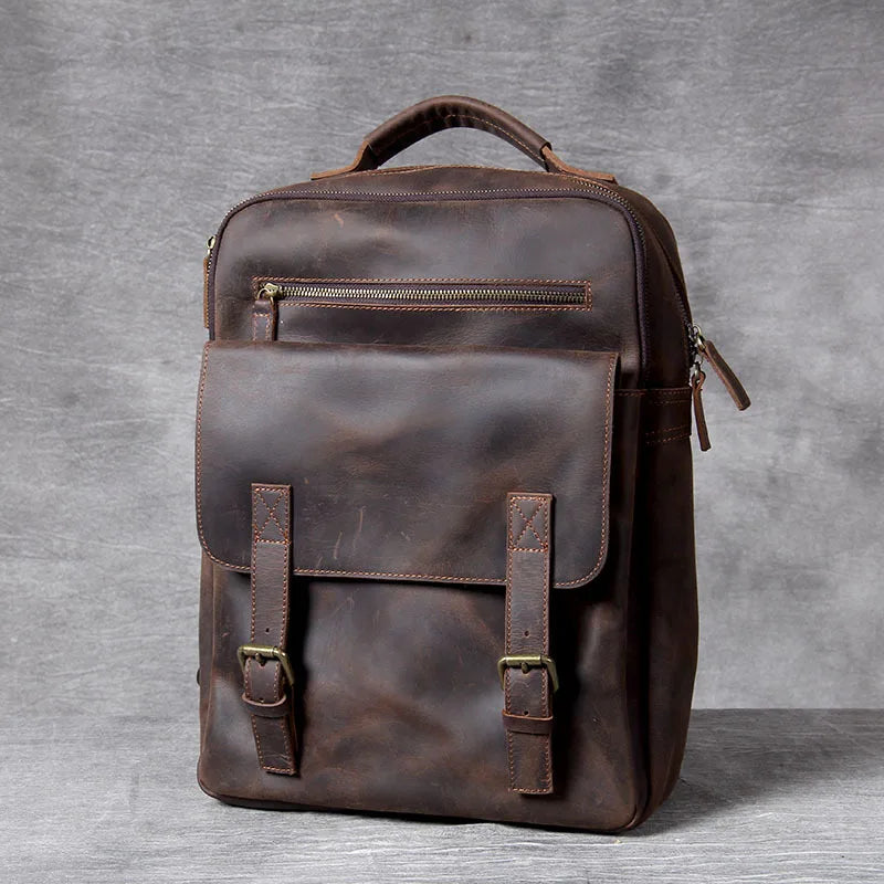 Vintage Crazy Horse Genuine Leather Backpack Men Bagpack Cowhide Hiking Backpack 17