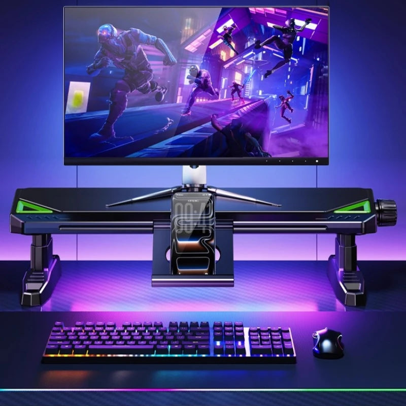 ‌Knob-Adjusted Monitor Riser, Ergonomic Dual USB Stand, Elevated Desktop Platform, Keyboard Storage Organizer Solution