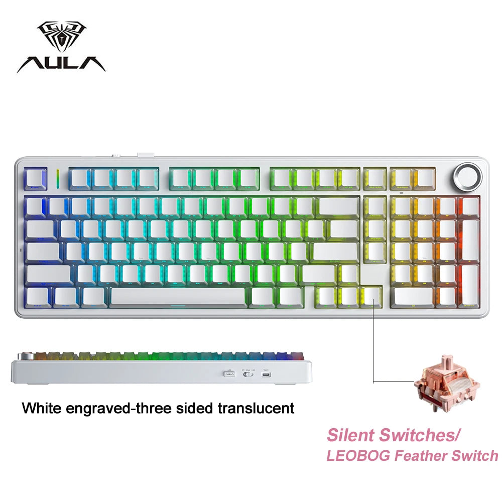 AULA F99 Pro Silent Mechanical Keyboard 2.4G Wireless PBT Keycap Hot-Swappable RGB Backlit Translucent Sided Engraved Keyboard