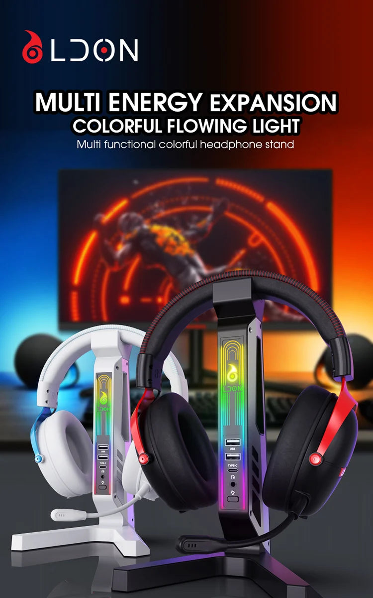 RGB Gaming Headset Stand with Sound-Activated Lights, 11 Modes LED USB Charging Dock, Headphone Holder for PC Gamer