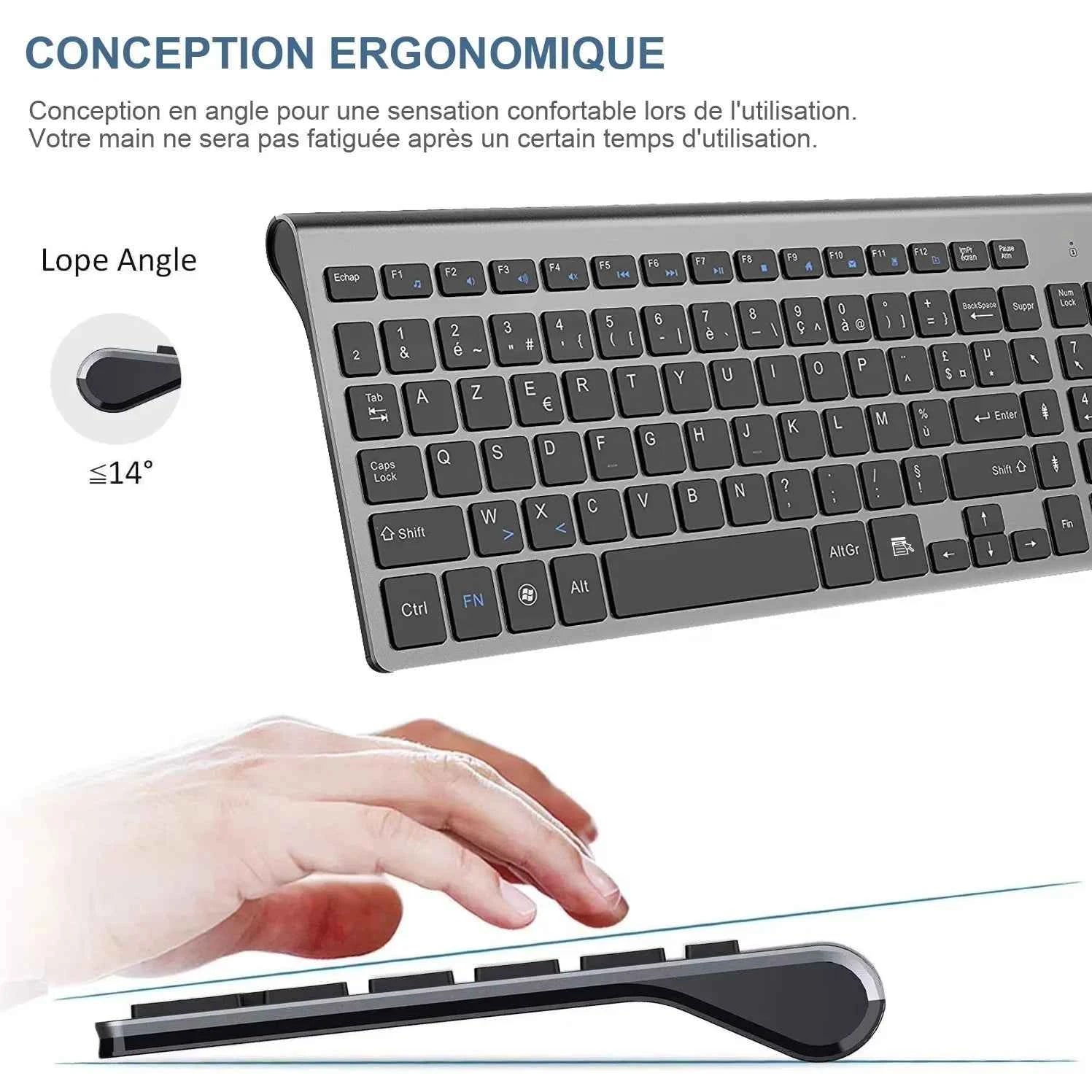 Wireless French Keyboard and Mouse Combo AZERTY Layout 2.4G USB Silent Ultra-Thin Compact Scissor for PC Laptop Desktop Windows