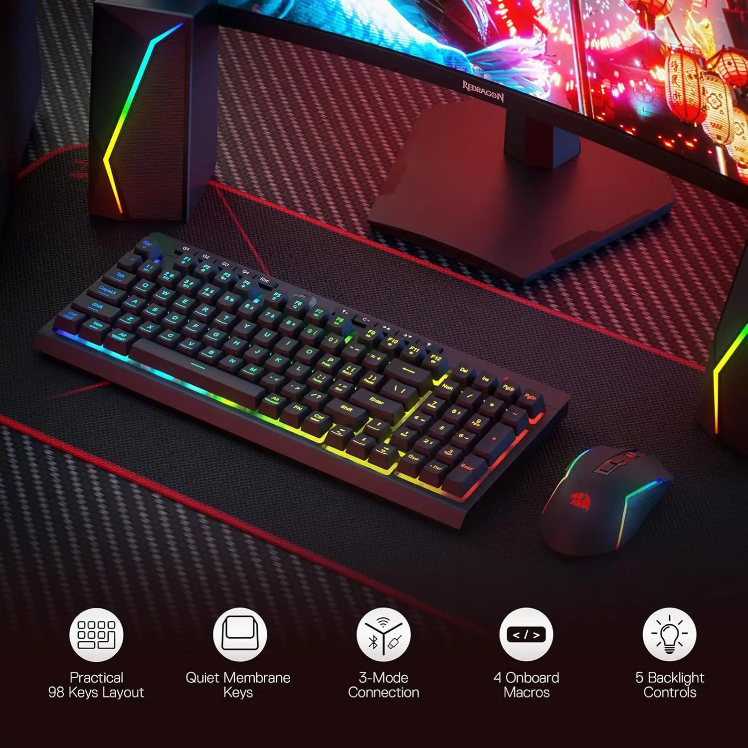 Redragon S142 Wireless Gaming Keyboard & Mouse Combo, 98 Keys K515 PRO Wireless  Keyboard and4800 DPI  2.4Ghz Gaming Mouse