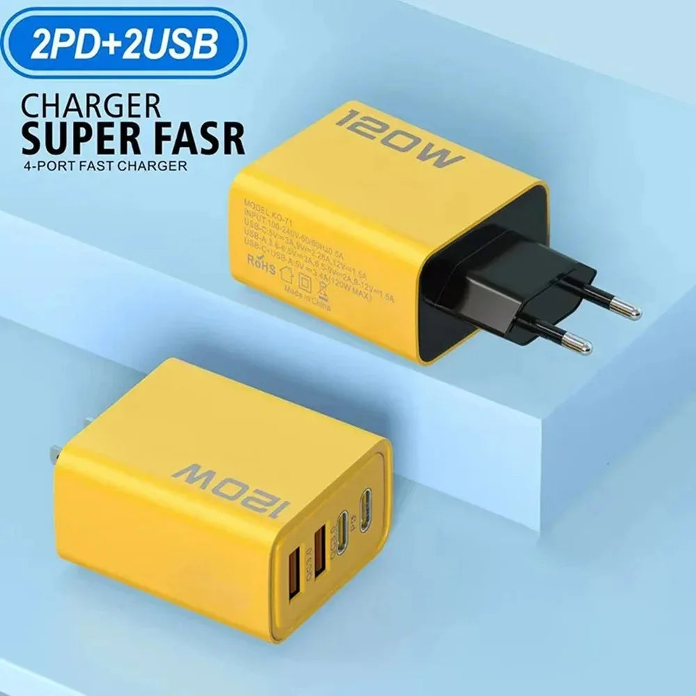 4 Port USB PD Charger 120W Type C Quick Charge Mobile Phone Charger Adapter For iPhone Samsung Xiaomi EU/US/UK Plug Wall Charger