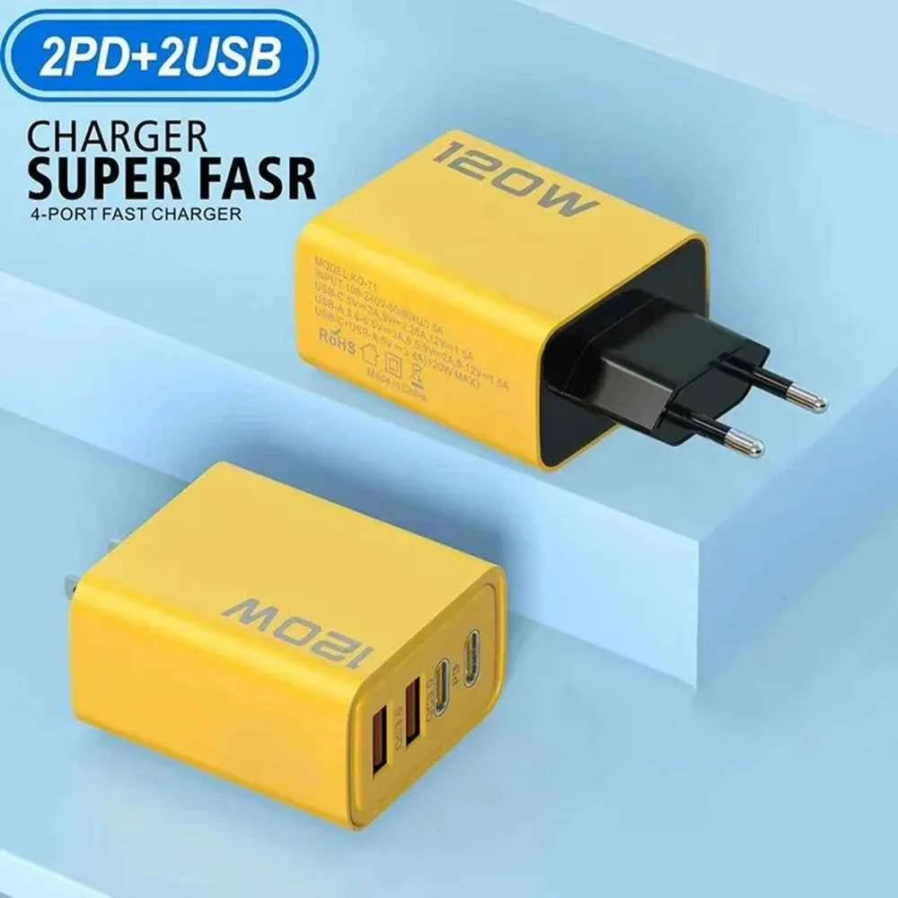 4 Port USB PD Charger 120W Type C Quick Charge Mobile Phone Charger Adapter For iPhone Samsung Xiaomi EU/US/UK Plug Wall Charger