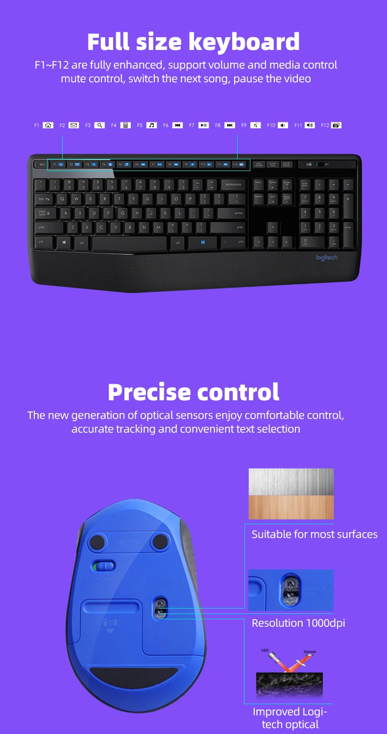 Logitech MK346P 2.4G Wireless Keyboard Mouse Combo Full Size 104 Keys Ergonomic Office Keyboard Mice Set For Desktop Laptop
