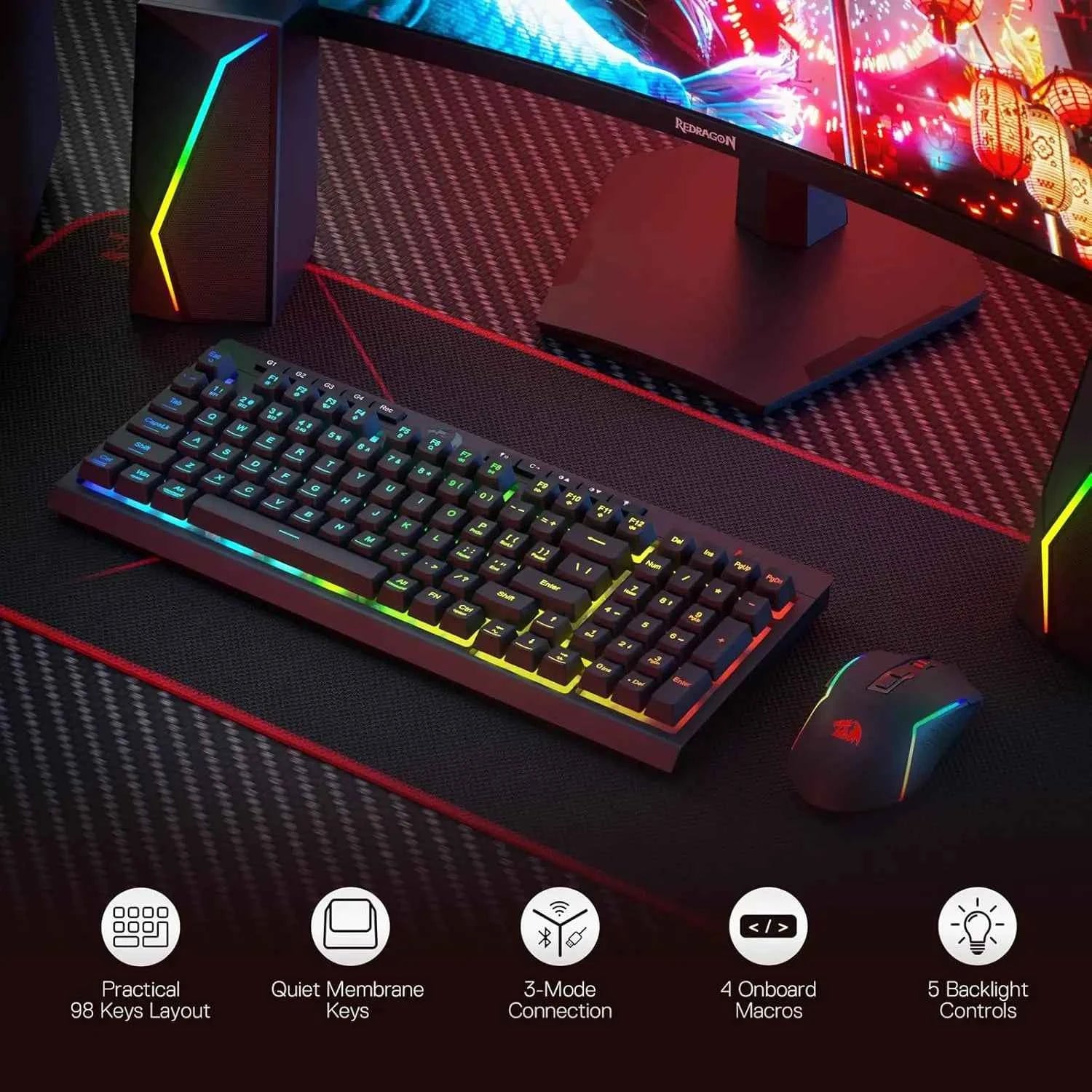 Redragon S142 Wireless Gaming Keyboard & Mouse Combo, 98 Keys K515 PRO Wireless RGB Membrane Keyboard