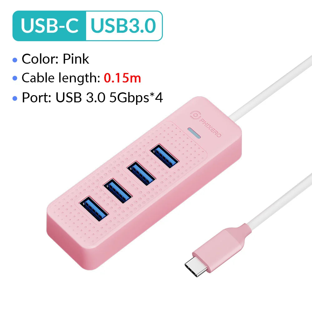 PHIXERO 4 Ports USB 3.0 HUB High Speed Type C Splitter 5Gbps For PC Computer Accessories Multiport USB Hub Adapter for Laptop