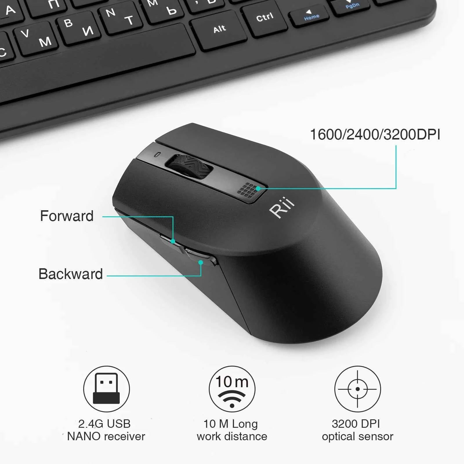 Rii RKM709 2.4G Wireless RU/US Keyboard & Mouse Combo Multimedia Office Keyboard for PC Laptop Desktop