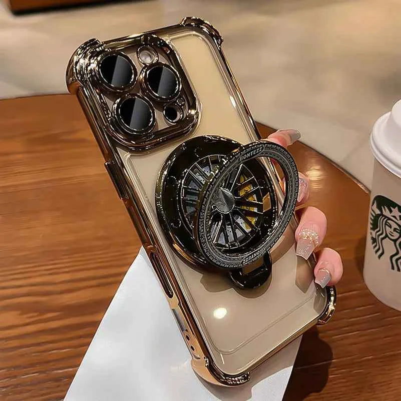 Luxury Plating  Airbag Shockproof Case For iPhone 16 Pro Max 11 12 13 14 15 Pro Max For Magsafe Rotating Gyro Stand Phone Cover