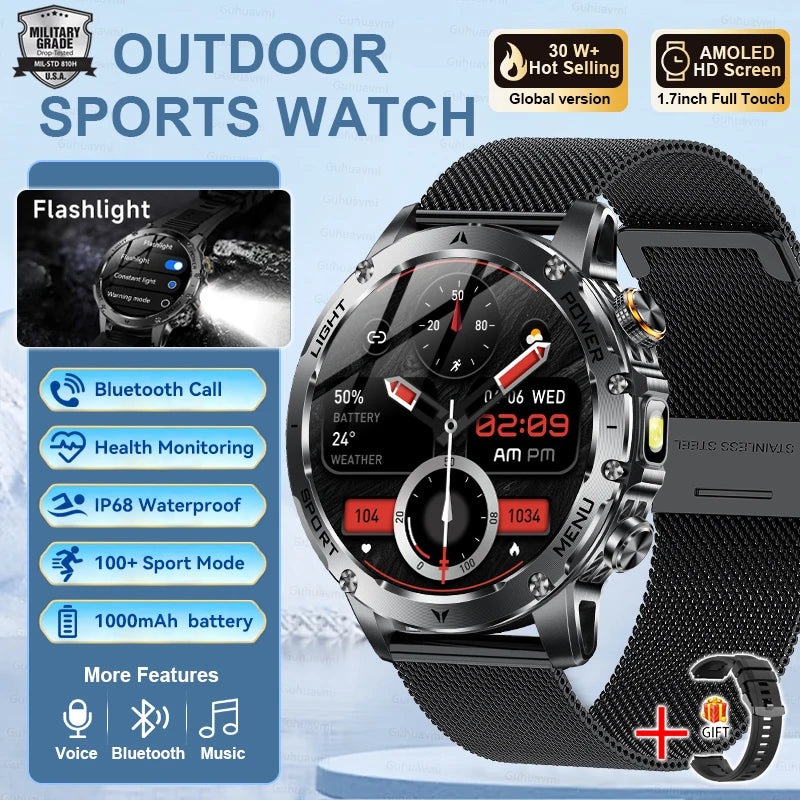 2025 T-REX3 1000mAh Large Battery Durable Adult Smart Watch GPS Strong Flashlight 10ATM Waterproof BT Call Sports Smartwatch Men