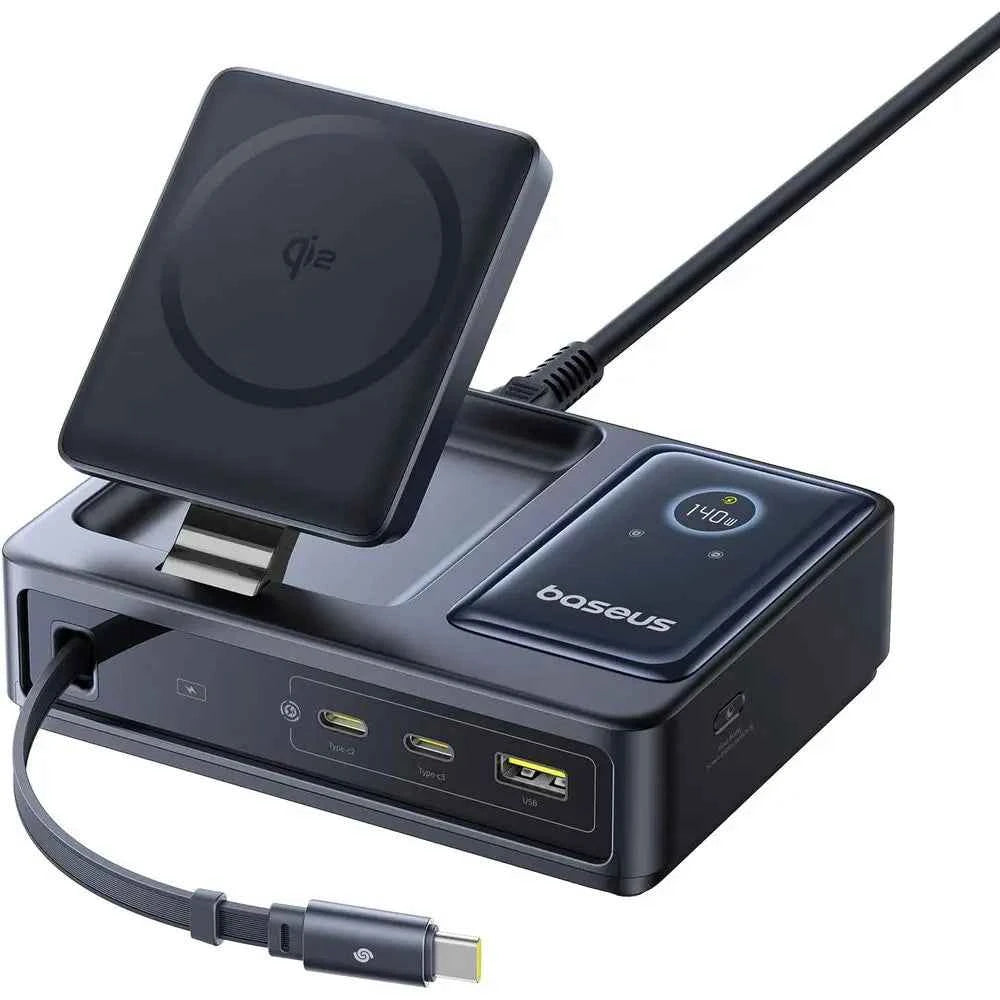 5-in-1 140W Charging Station – Qi2 15W Magnetic Wireless Charger with 100W Retractable USB-C Cable, GaN Fast Charging Dock for Desktop & MagSafe.