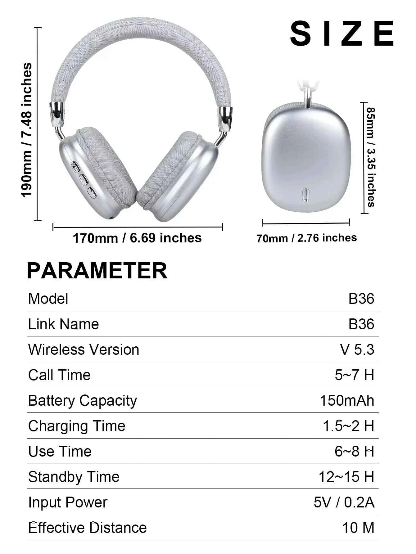 B36 Wireless Bluetooth 5.3 Over-Ear Headphones with ANC Noise Cancelling 8H Playtime Ergonomic Design HD Microphone Foldable