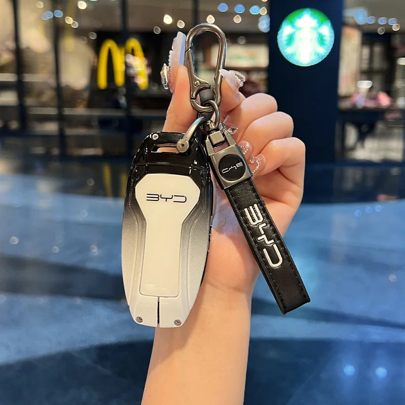 Zinc Alloy New Leather Car Key Case Cover Shell Fob For BYD Song Plus Atto 3 Han EV DM Qin Seal Dolphin Protective Auto Keychain