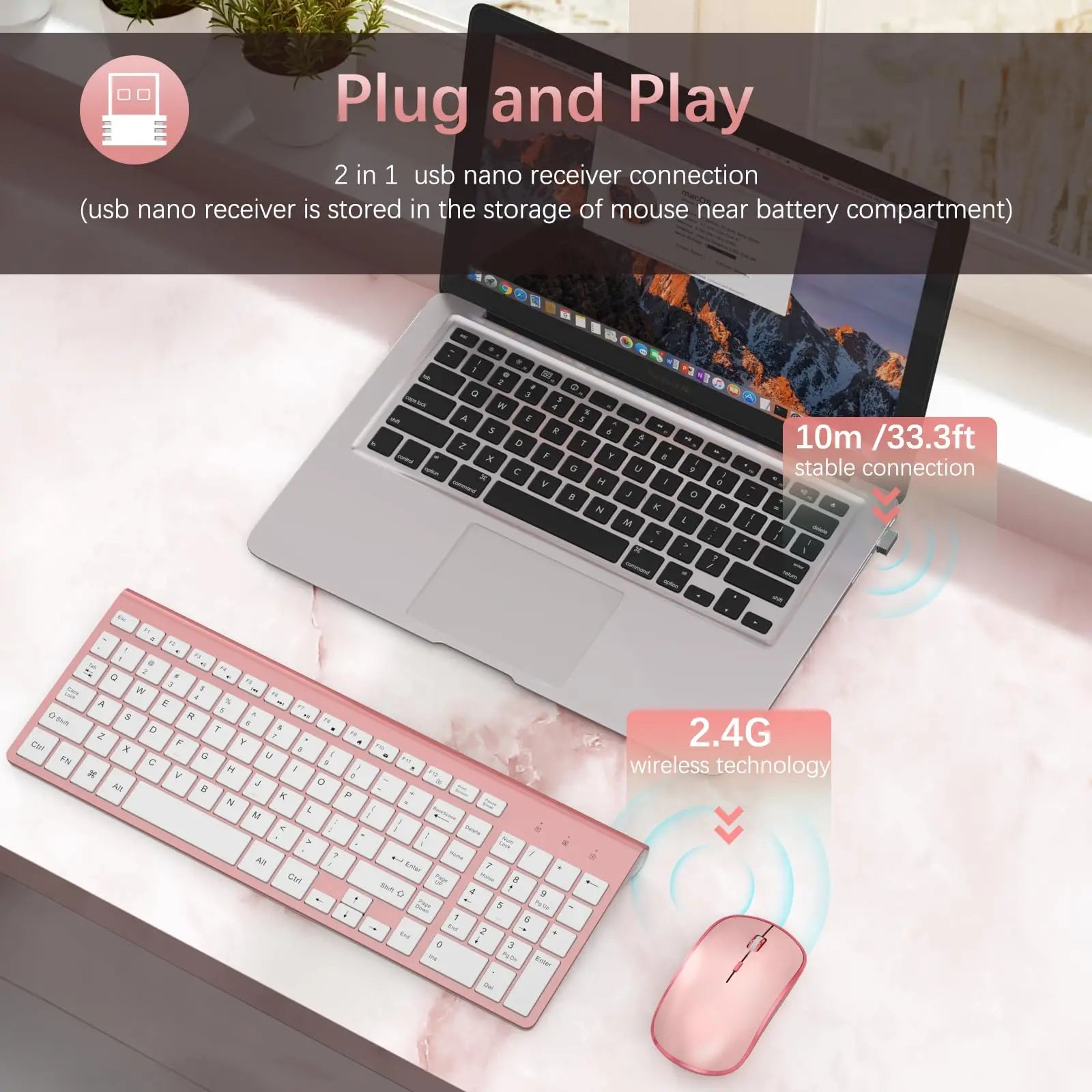 Wireless Keyboard and Mouse,2.4G Full Size and Portable Wireless Keyboard with Numeric Keyboard or Computer/Desktop/Laptop--Pink