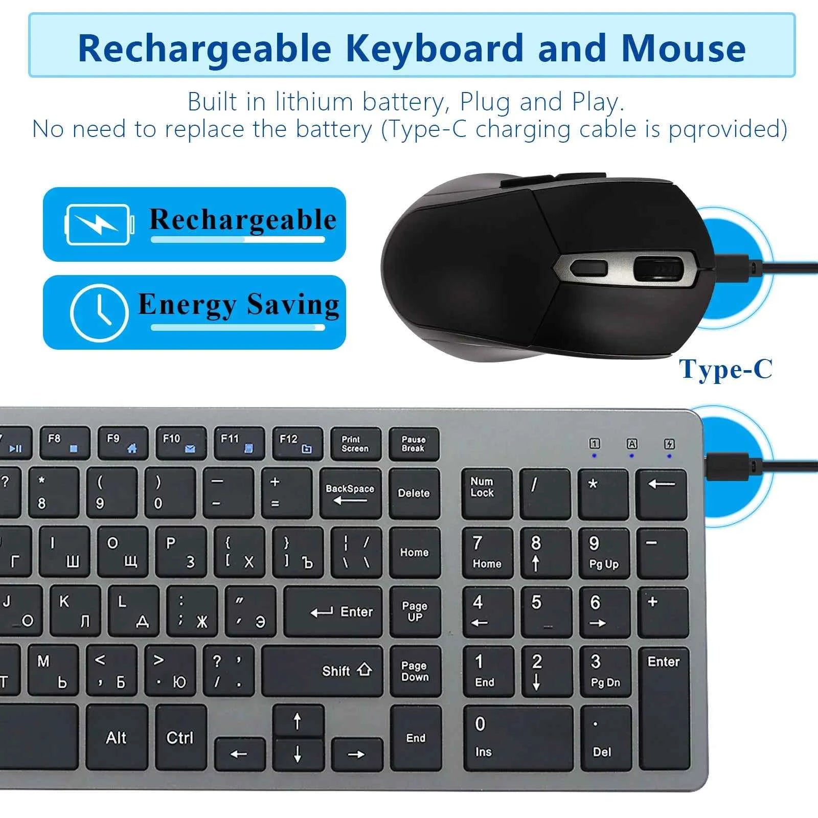 Wireless Keyboard and Mouse Combo Rechargeable Russian Korean English Keycap Slim Computer Keyboard & Silent Mouse Set