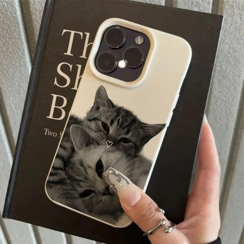 Leather pattern cute fun relative cat phone case, suitable for iPhone 17/16/15/14/13/12/11/XS/XR/X/7/8 Plus/Pro/Max/Mini