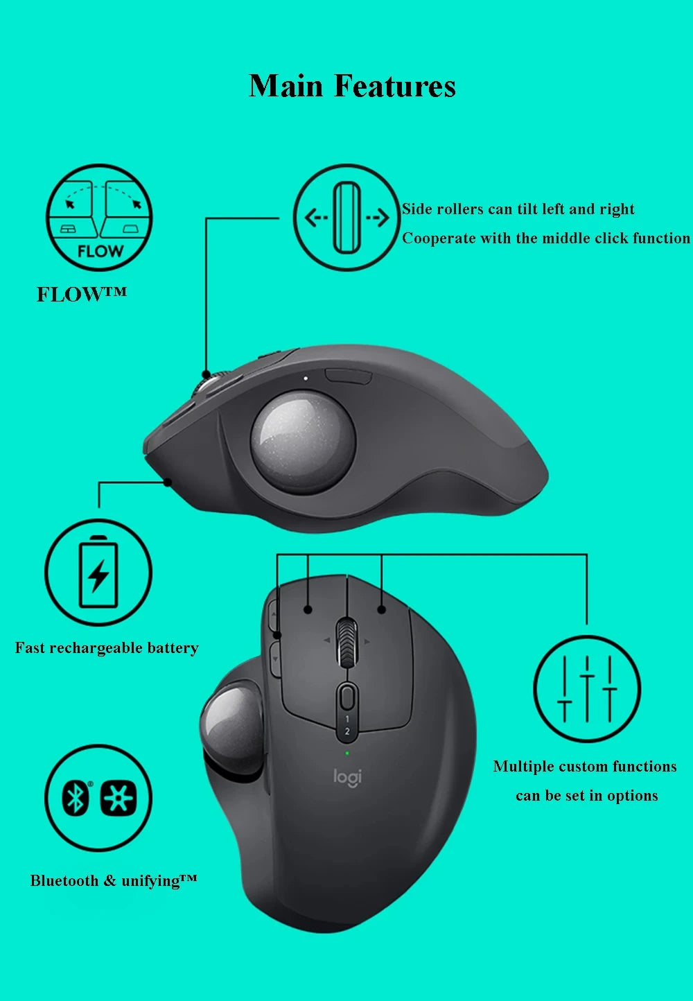 Mouse Logitech MX ERGO S Ergonomic Mouse Trackball Mouse Wireless Bluetooth Quick Charging with Unifying Receiver Office work