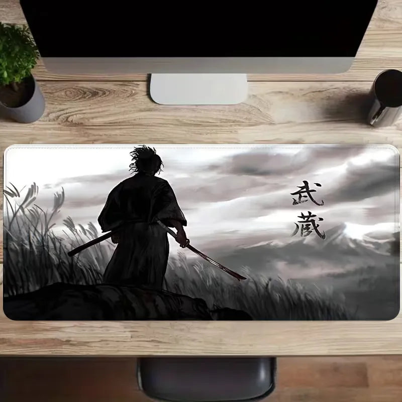 Japanese Samurai Art Mouse Pad, Traditional Calligraphy Pattern Non Slip Desk Mat Game Lovers Office Home Keyboard Desktop Decor