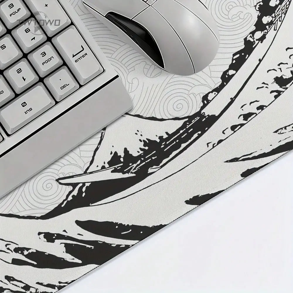 XXL Gaming Mouse Pad Featuring A Black-And-White Wave Art Design; Washable Surface; Stylish Rectangular Desk Mat Suitable For Desktops, Laptops, Office Work