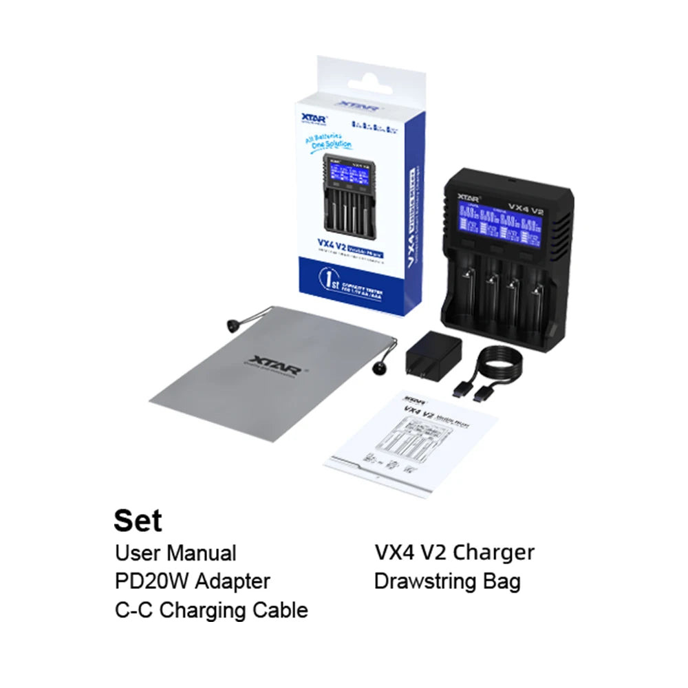 XTAR VX4 V2 18650 Battery Charger AA/AAA Li-ion LiFePO4 Ni-MH Rechargeable Battery 20W Fast Charger Battery Capacity Tester