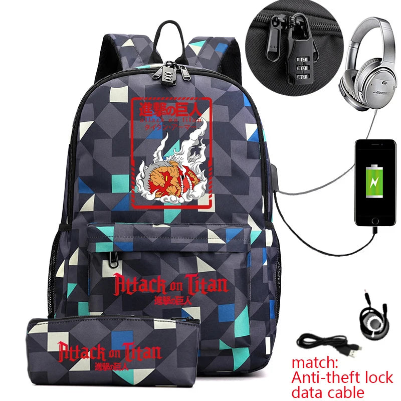 Attack on Titan Anime Print School Backpack Anti-Theft Laptop Bag for Boys Girls with Pencil Case