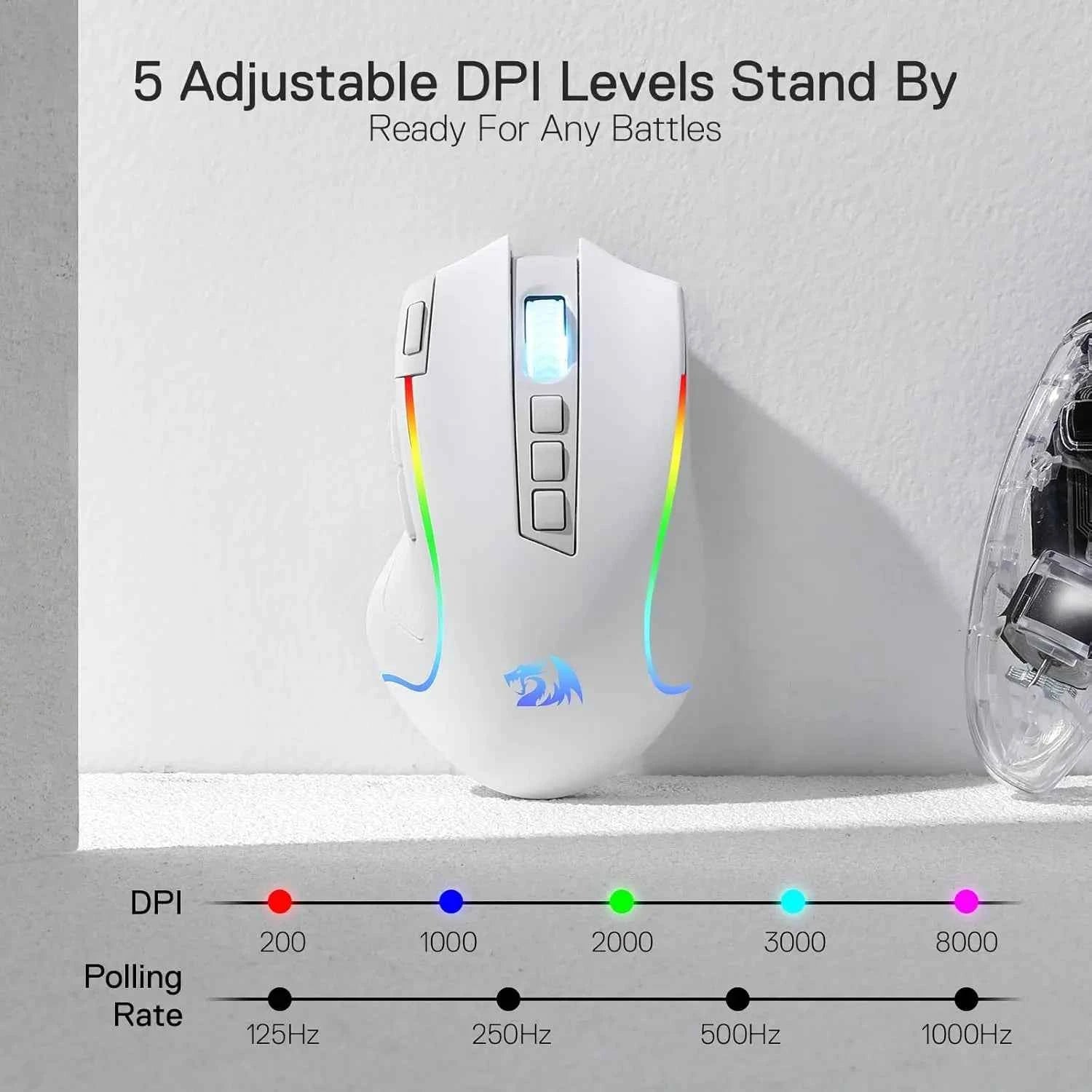 Redragon M612 PRO RGB 8000 DPI Wired/Wireless 9 Programmable Buttons 6 Backlit Modes Gaming Mouse, White