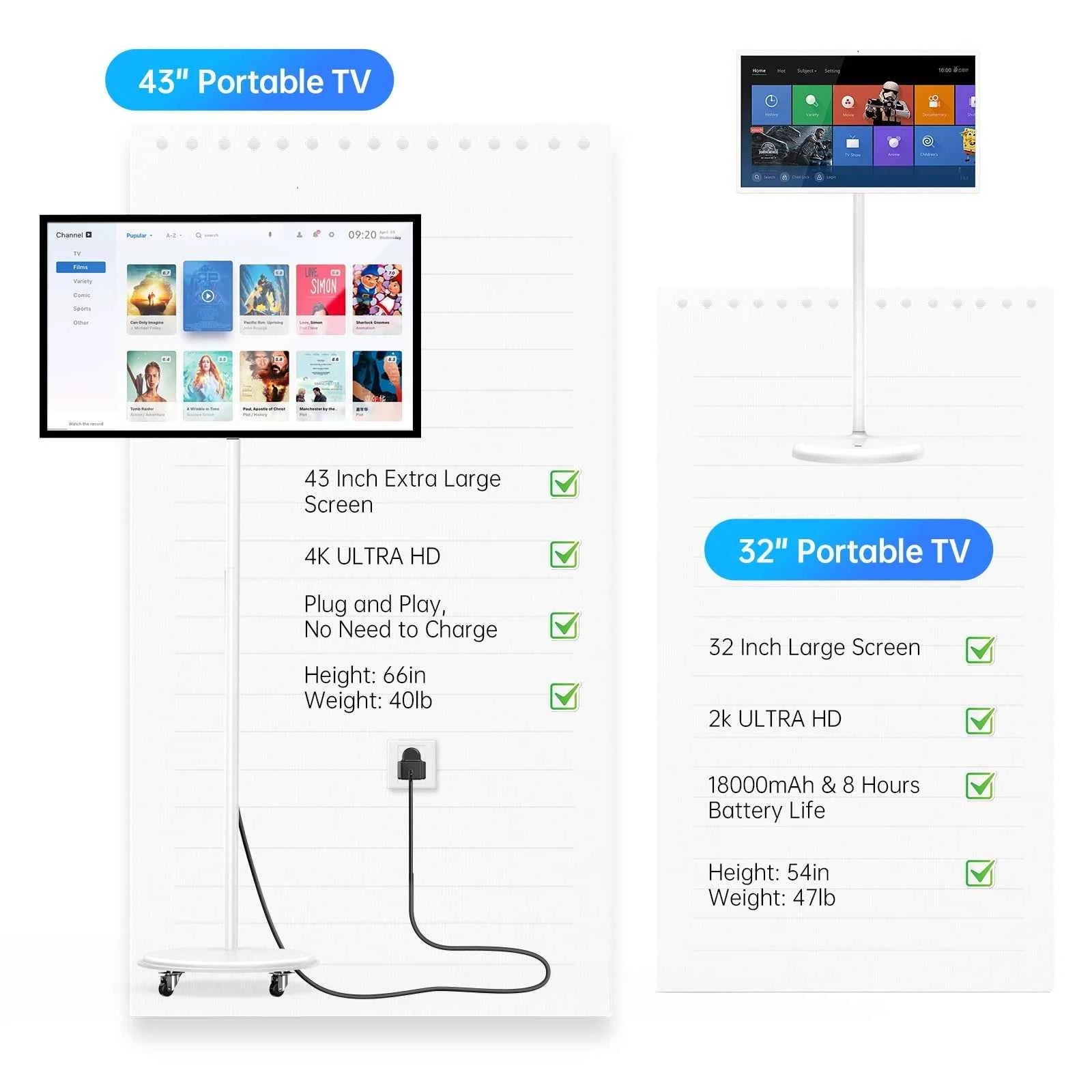 MWE 32 inch portable smart monitor on wheels, 2K smart touch screen with Android OS, 8H video playback time