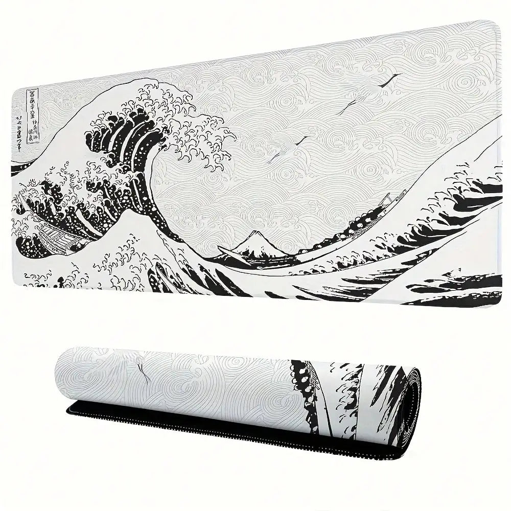 XXL Gaming Mouse Pad Featuring A Black-And-White Wave Art Design; Washable Surface; Stylish Rectangular Desk Mat Suitable For Desktops, Laptops, Office Work