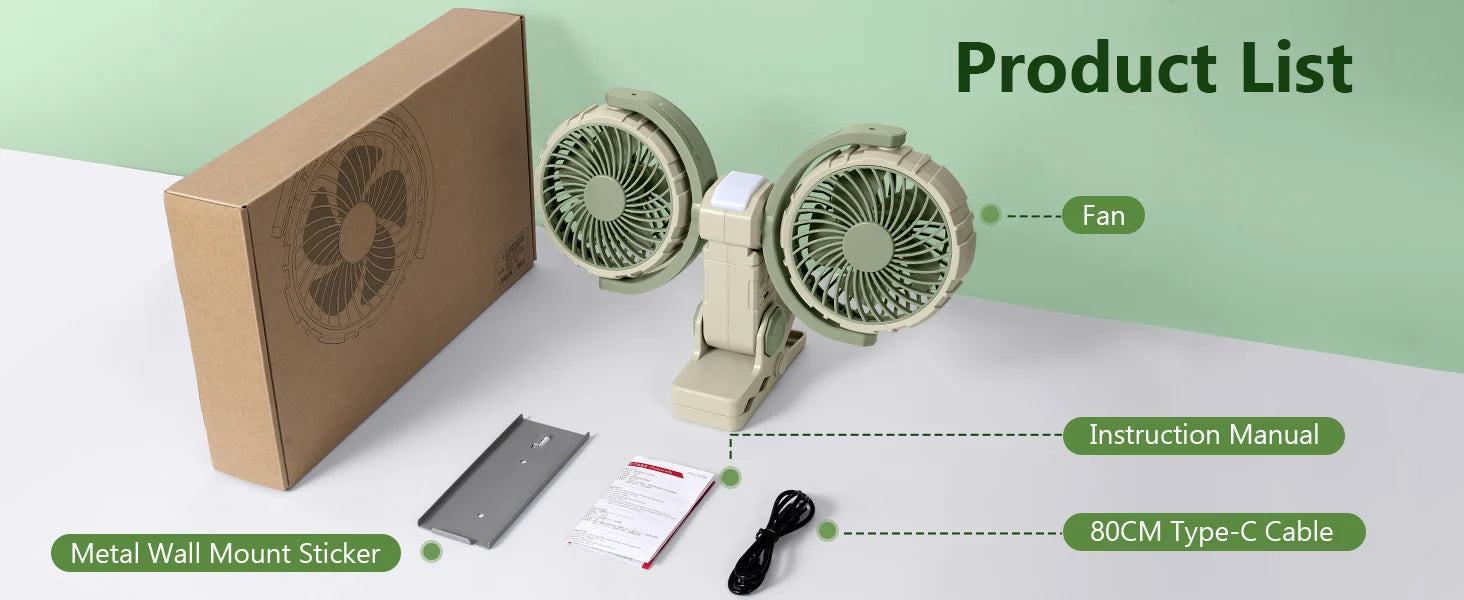 Eary Dual Head Clip On Fan Mount For Desktop With 4000mAh Battery Operated 3 Speed Adjustable 360 Rotatable Desk Air Cooling Fan