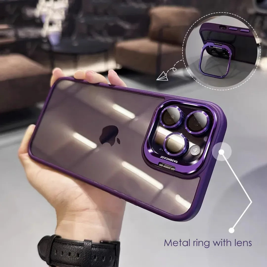 Lens Metal Ring Protector Stand Case For iPhone 15 16 14 13 12 11 Pro Max 16 Plus Camera Glass Protection Transparent Back Cover