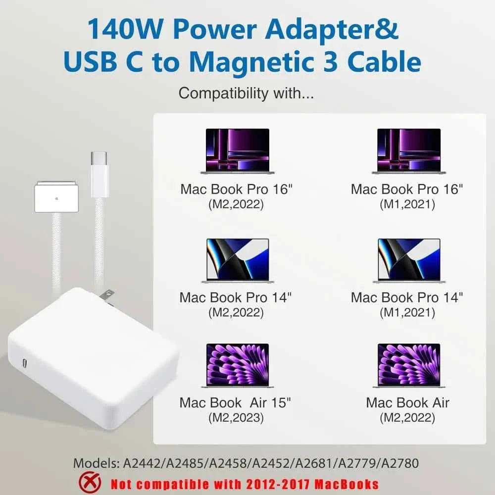 140W USB C to Magnetic 3 Cable, Charger for Mac Book Pro 16,15,14,13 inch,2021-2023 M1 M2 Mac Book Air Laptop Power Adapter