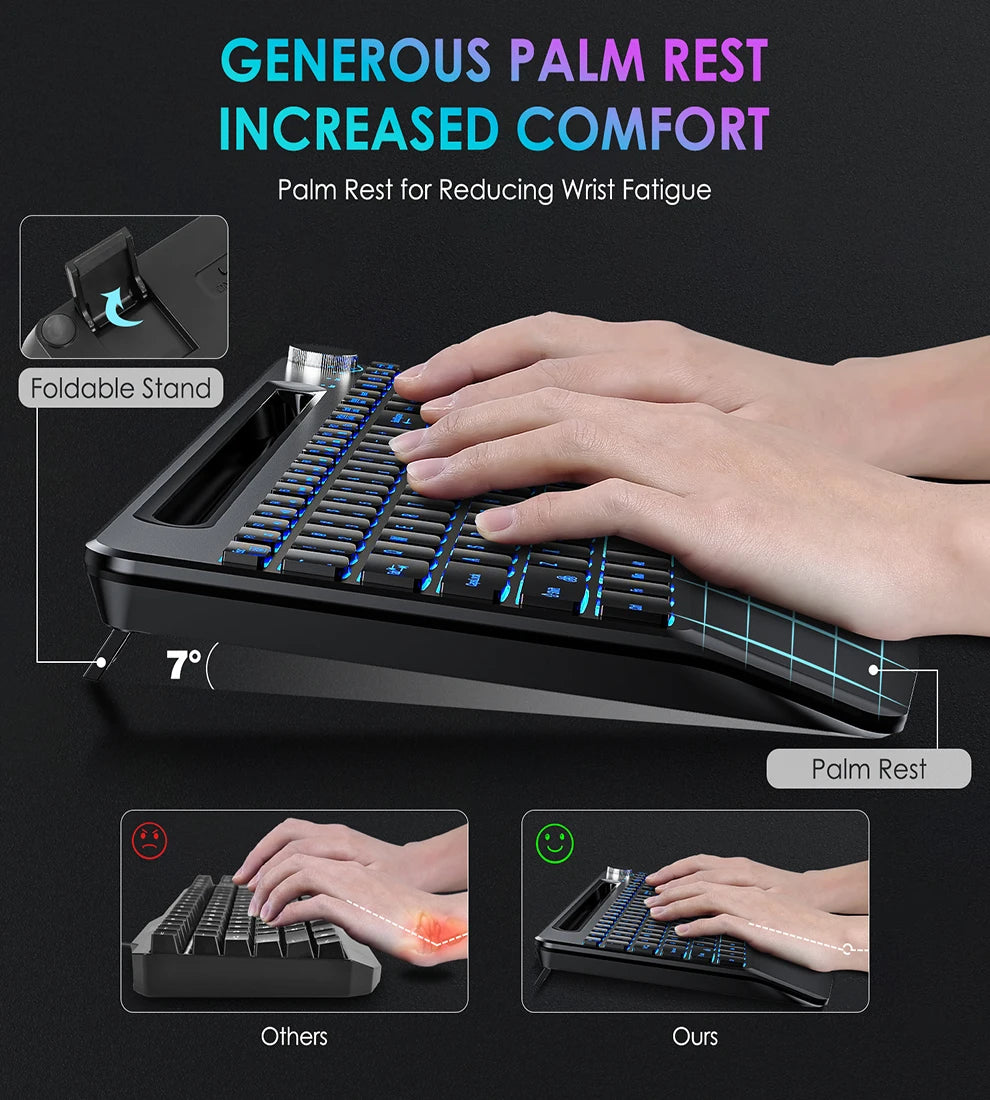 Ergonomic 2.4G Wireless Rechargeable Keyboard Mouse Set for Laptop With Color Backlit Phone Holder Wrist Rest and Jiggler Mouse