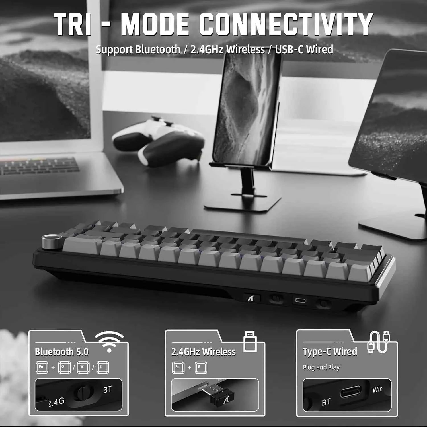ATTACK SHARK X66 65% Wireless Mechanical Keyboard with Knob, 66 Keys Gasket Hot Swap RGB Gaming Keyboard, Linear Switch,