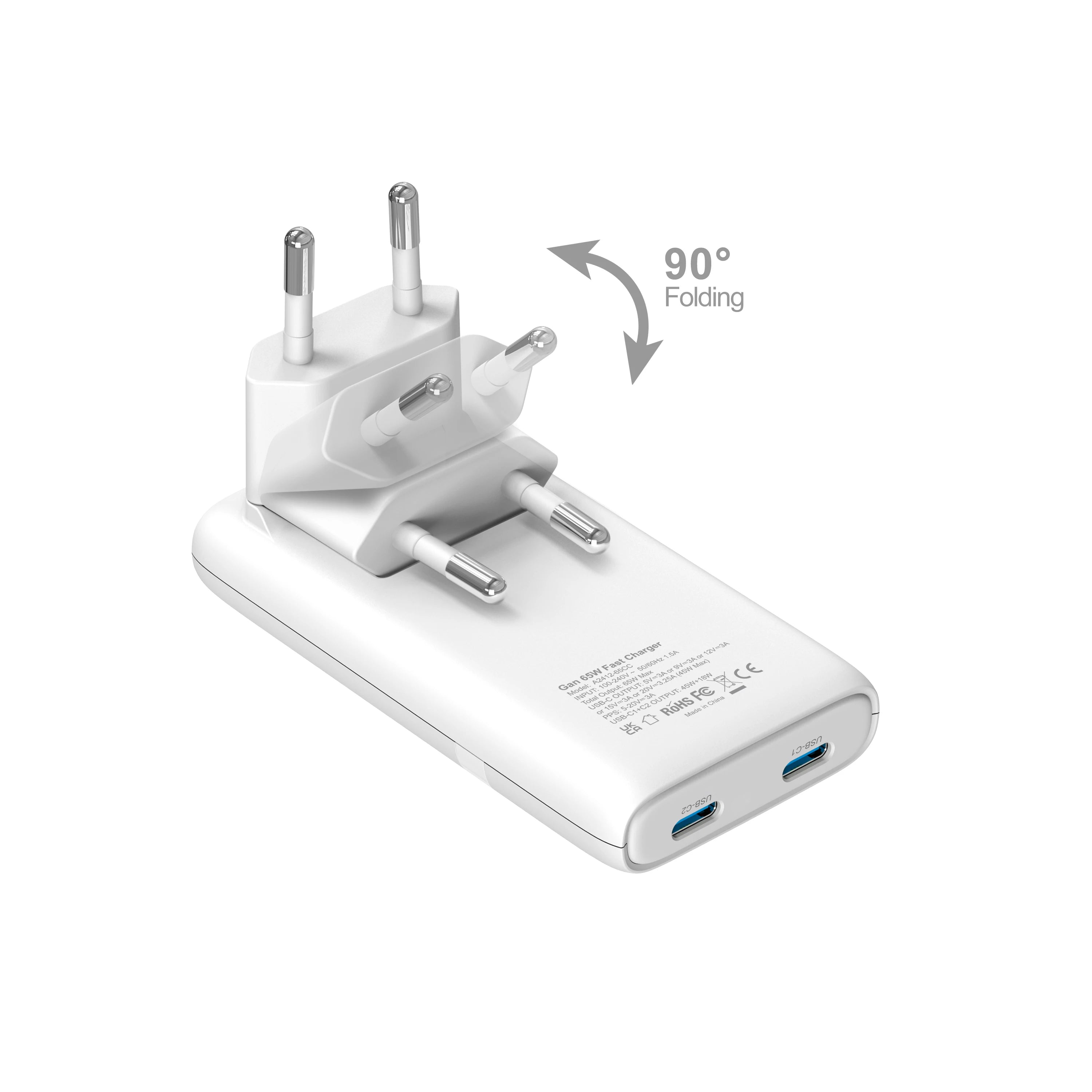 65W Flat GaN USB C Charger Dual-port Fast Wall Charger Compact Power Adapter With Foldable Plug For Mobile Phone